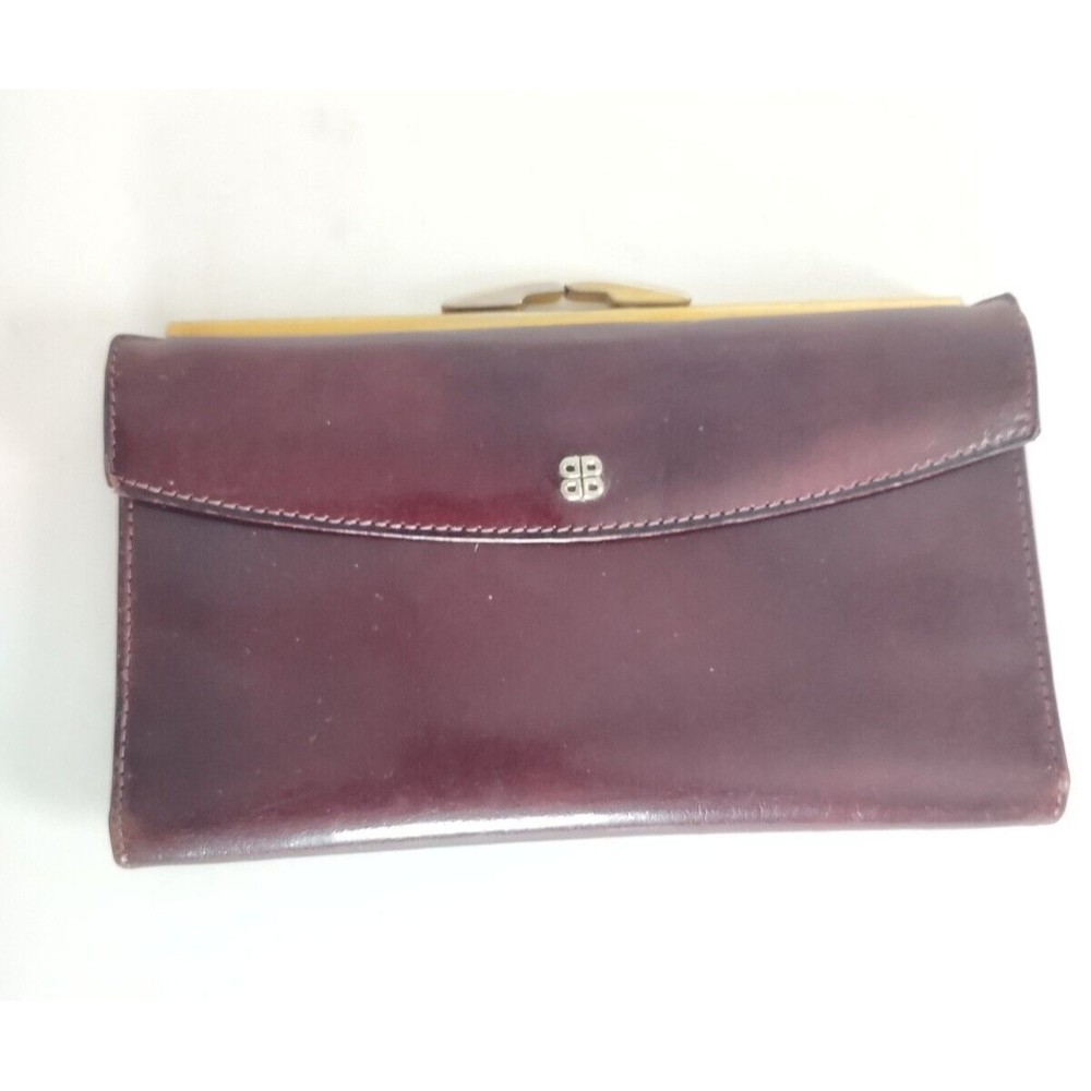 Bosca Burgundy Leather Kisslock Credit Card Trifold Long Wallet Italy Quality‎